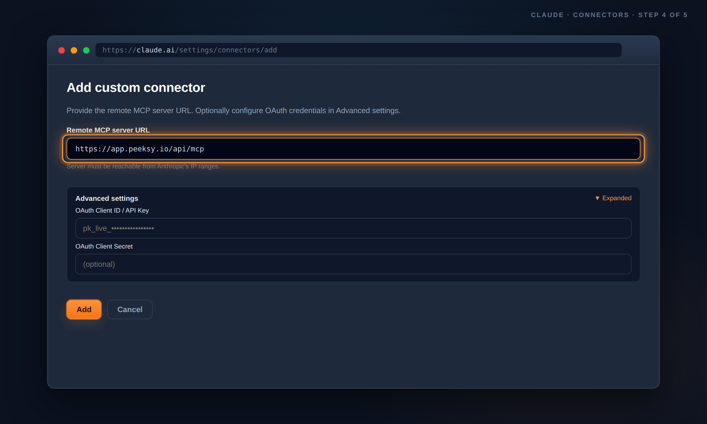 Pasting the Peeksy config into Claude Desktop settings on macOS